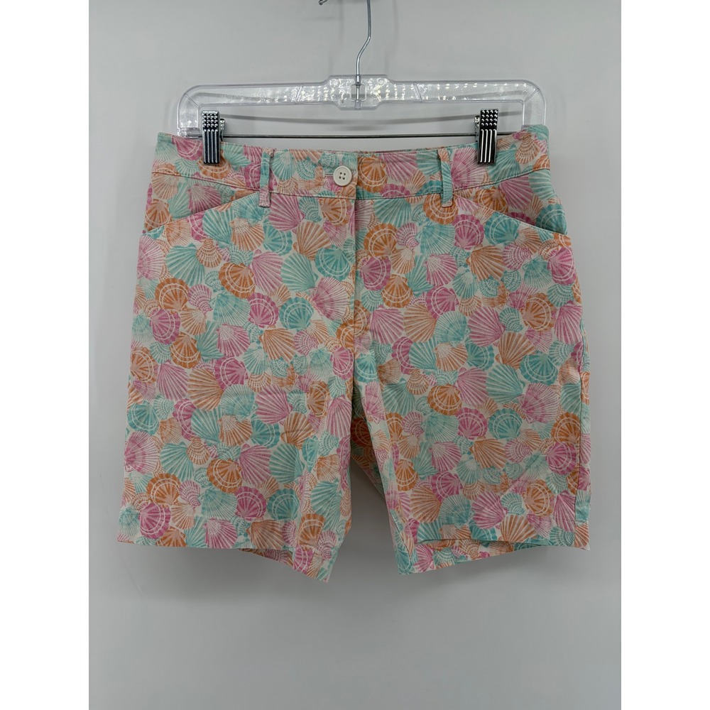 Talbots Women 6 Pink Orange Teal Seashell Print Chino Shorts Stretch Cotton